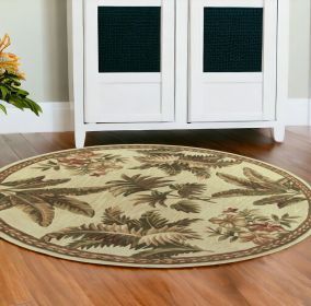 8' Ivory Hand Tufted Bordered Tropical Plants Round Area Rug