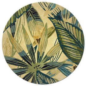 8' Ivory Teal Hand Tufted Tropical Leaves Round Area Rug