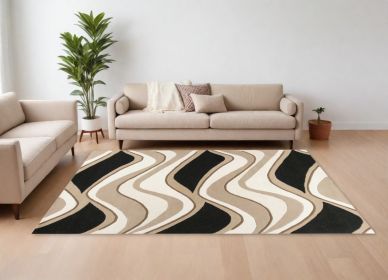 8' X 11' Black Beige Hand Tufted Abstract Waves Area Rug