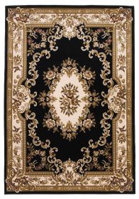10' X 13' Black Ivory Machine Woven Hand Carved Floral Medallion Area Rug
