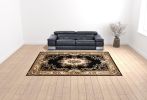 10' X 13' Black Ivory Machine Woven Hand Carved Floral Medallion Area Rug