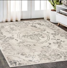 5' X 8' Grey Machine Woven Distressed Floral Medallion Indoor Area Rug