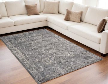 5' X 8' Grey Vintage Floral Bordered Indoor Area Rug