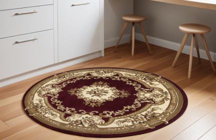 7' Red and Ivory Floral Border Round Rug