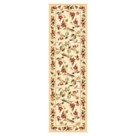 8' Ivory Green and Red Floral Vines Runner Rug