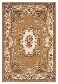 3' X 5' Beige Ivory Machine Woven Hand Carved Floral Medallion Indoor Area Rug