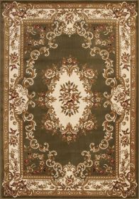3' X 5' Green Ivory Machine Woven Hand Carved Floral Medallion Indoor Area Rug