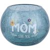 Pavilion Gift Company Mom Love You-Gray Tinted Floral Candle, 5in w/ 5" Crackled Glass Tealight Holder