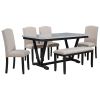 Modern 6-piece Dining Table w/4 Chairs & 1 Bench, w/Marbled Veneers, V-shaped Table Legs (White)