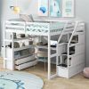 Full Size Loft Bed with Desk and Shelves, 2 Built-in Drawers, Storage Staircase, White