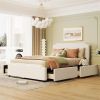 Queen size Platform Bed w/Stud Trim Headboard, Footboard, 4 Drawers, Velvet Fabric (Beige)