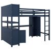 Wood Loft Bed full size w/Cabinet and Bookshelf, w/Wardrobe and Desk, Dark Blue