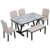 Modern 6-piece Dining Table w/4 Chairs & 1 Bench, w/Marbled Veneers, V-shaped Table Legs (White)