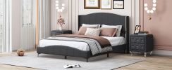 3 Pieces Bedroom Set. Queen Size Leather Upholstered Platform Bed, 2 Nightstands w/2 Drawers , Black