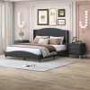 3 Pieces Bedroom Set. Queen Size Leather Upholstered Platform Bed, 2 Nightstands w/2 Drawers , Black