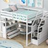 Full Size Loft Bed with Desk and Shelves, 2 Built-in Drawers, Storage Staircase, White