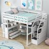 Full Size Loft Bed with Desk and Shelves, 2 Built-in Drawers, Storage Staircase, White