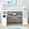Full Size Loft Bed with Desk and Shelves, 2 Built-in Drawers, Storage Staircase, White
