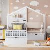 Twin Size House Bed w/Sofa, Charging Station, Shelves, 2 Drawers, White