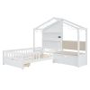 Twin Size House Bed w/Sofa, Charging Station, Shelves, 2 Drawers, White