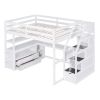 Full Size Loft Bed with Desk and Shelves, 2 Built-in Drawers, Storage Staircase, White