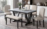 Modern 6-piece Dining Table w/4 Chairs & 1 Bench, w/Marbled Veneers, V-shaped Table Legs (White)