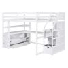 Full Size Loft Bed with Desk and Shelves, 2 Built-in Drawers, Storage Staircase, White
