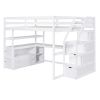 Full Size Loft Bed with Desk and Shelves, 2 Built-in Drawers, Storage Staircase, White