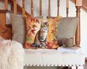 California Spangled Cat in Fall Leaves Throw Pillow Machine Washable, Couch, Bed or Patio, 14Hx14W