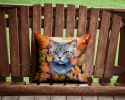 British Shorthair Cat in Fall Leaves Throw Pillow Machine Washable, Indoor/Outdoor 14Hx14W