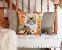 Norwegian Forest Cat in Fall Leaves Throw Pillow Machine Washable, Indoor/Outdoor Pillow 14Hx14W