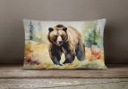 NEW Watercolor Wildlife Throw Pillow Throw Indoor/Outdoor Patio Washable, Grizzly Bear 2925,12Hx16W
