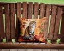 California Spangled Cat in Fall Leaves Throw Pillow Machine Washable, Couch, Bed or Patio, 14Hx14W