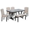 Modern 6-piece Dining Table w/4 Chairs & 1 Bench, w/Marbled Veneers, V-shaped Table Legs (White)