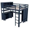 Wood Loft Bed full size w/Cabinet and Bookshelf, w/Wardrobe and Desk, Dark Blue