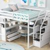 Full Size Loft Bed with Desk and Shelves, 2 Built-in Drawers, Storage Staircase, White
