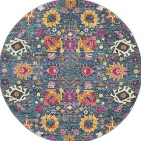 4' Blue And Orange Round Floral Power Loom Area Rug